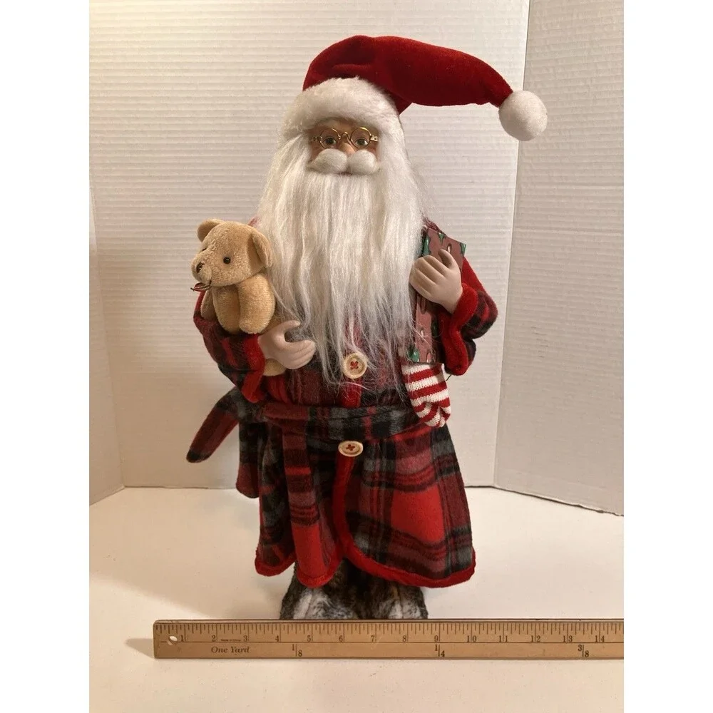 18” Bedtime Santa In Robe With Teddy Bear And Book Christmas Holiday Decor